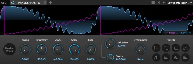 UVI Falcon の Phase Shaper オシレーター。上に波形と位相の線、下に Swing・Symmetry・Shape・Scale・Fuzz・Inflexion・Depth のつまみ（UVI 公式の画像）