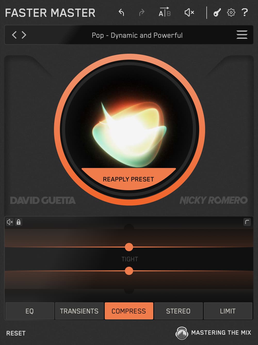 FASTER MASTERのCOMPRESSタブ。モードはTIGHTで、つまみは量のスライダーだけ（Mastering The Mix 公式）