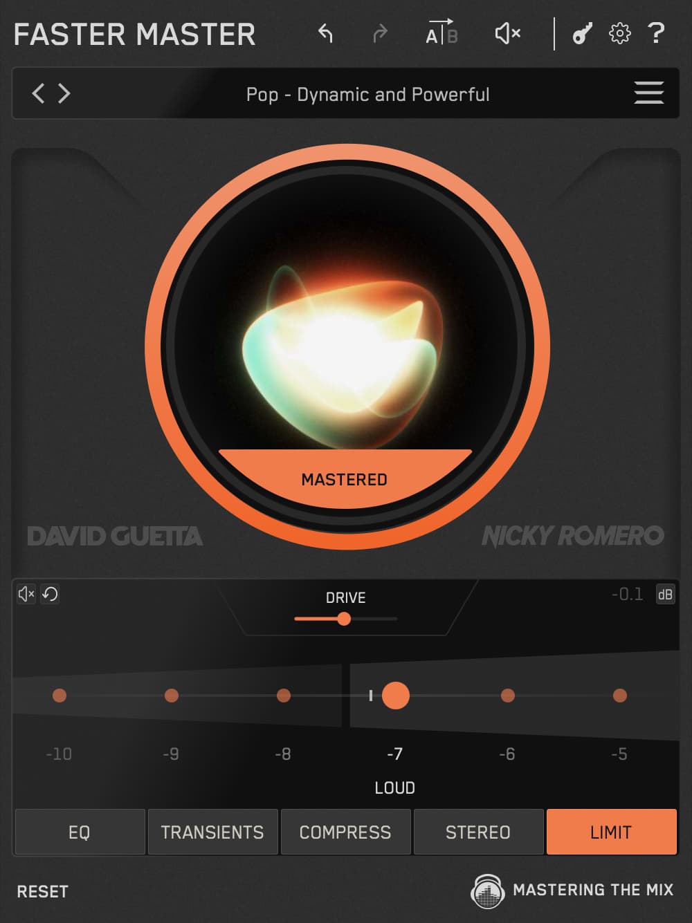 FASTER MASTERのLIMITタブ。-10から-5までの目盛りで音量の目標を選び、上のDRIVEで押し込みを足す（Mastering The Mix 公式）