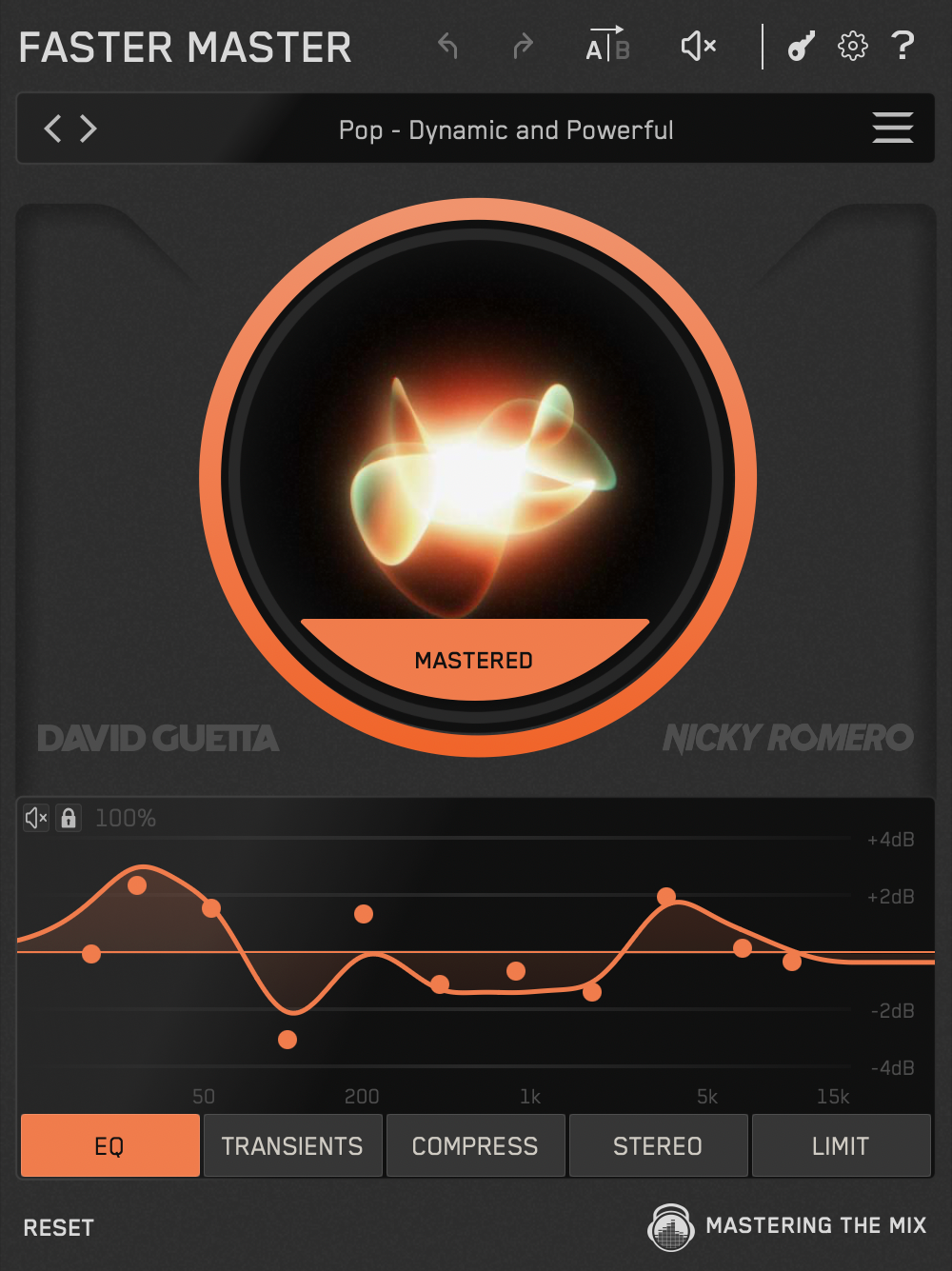 FASTER MASTERの画面。上に解析とプリセットの円、下にEQのカーブ。EQ・TRANSIENTS・COMPRESS・STEREO・LIMITの5つのタブで切り替える（Mastering The Mix 公式）