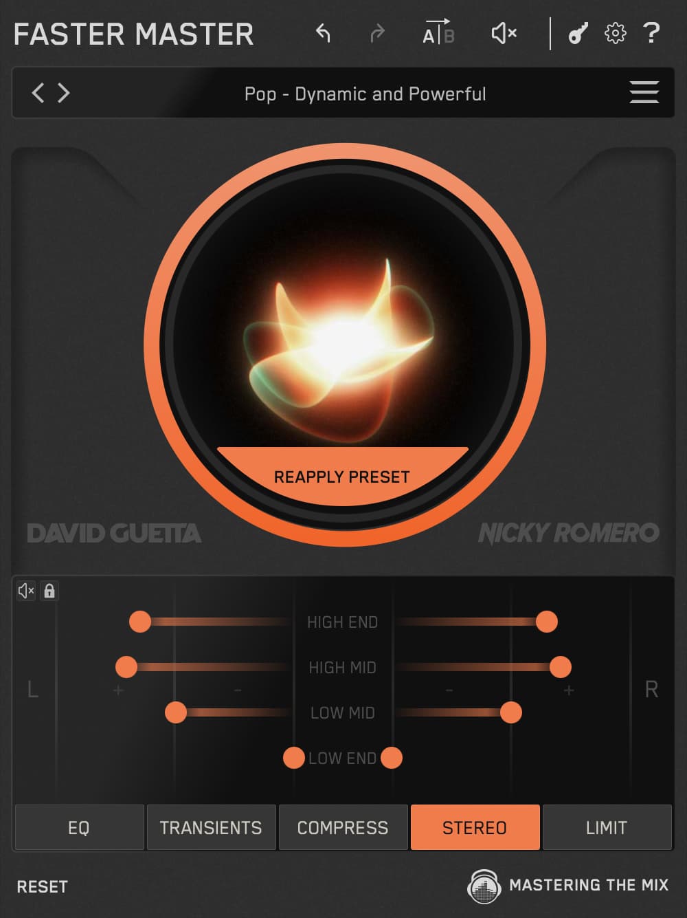 FASTER MASTERのSTEREOタブ。HIGH END・HIGH MID・LOW MID・LOW ENDの4つの帯域ごとに広がりを調整する（Mastering The Mix 公式）