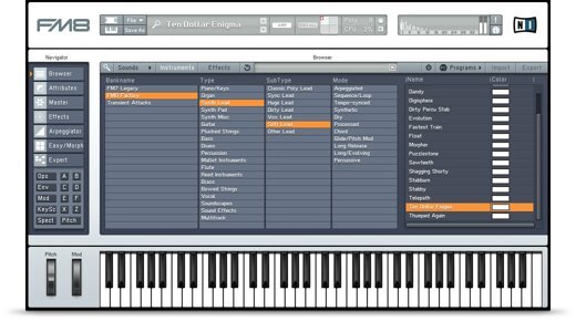 FM8のブラウザー画面。種類（Type）・細かい種類（SubType）・弾き方（Mode）の列でプリセットを絞り込む