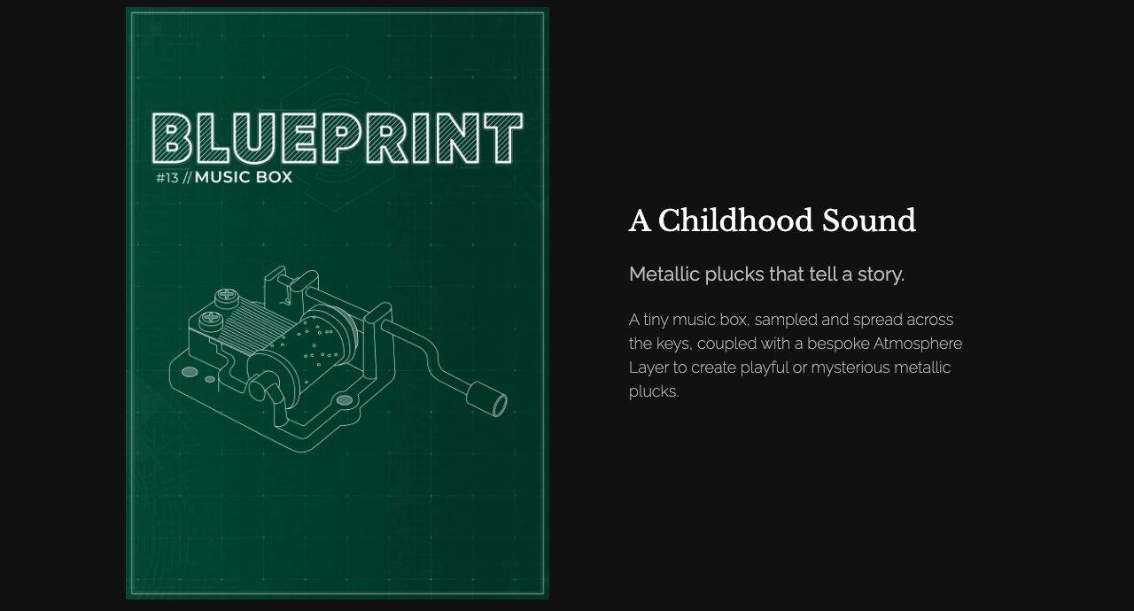 Fracture Sounds公式サイトのBlueprint #13 Music Boxの紹介。小さなオルゴールを録って鍵盤に並べ、Atmosphere Layerを重ねた音源と説明されている