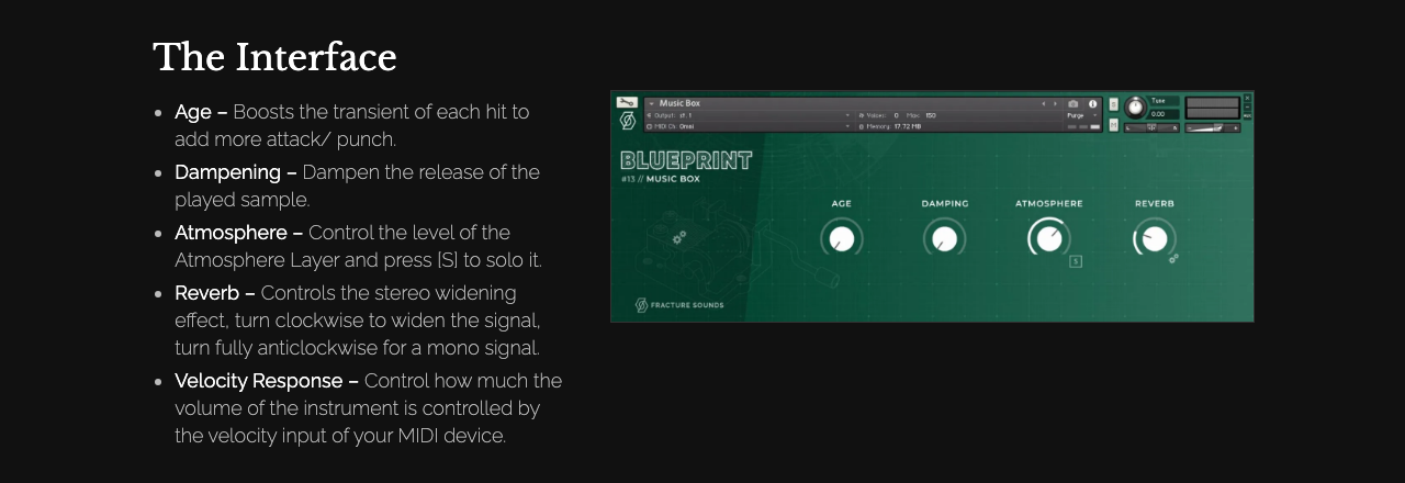 Blueprint: Music Boxの画面。AGE・DAMPING・ATMOSPHERE・REVERBの4つのつまみが並ぶ(Fracture Sounds公式サイトより)