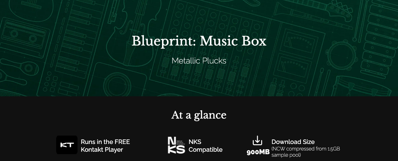 Fracture Sounds公式サイトのBlueprint: Music Boxのページ。無料のKontakt Playerで動く、NKS対応、ダウンロードは900MBと書かれている