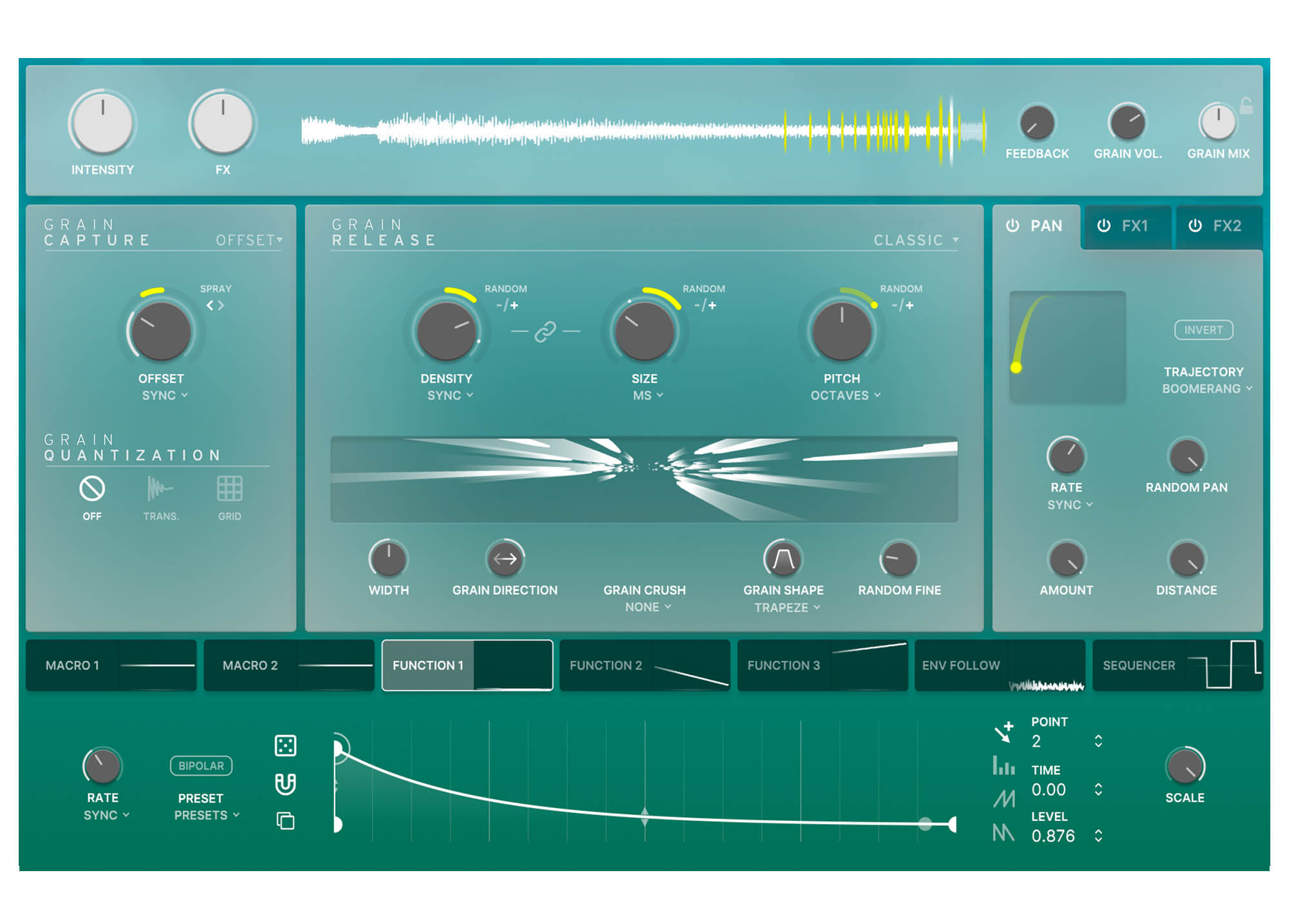 Efx FRAGMENTSのClassicモードの画面。DENSITY・SIZE・PITCHのつまみと粒の表示、下にFUNCTIONの曲線(Arturia公式の製品画像)