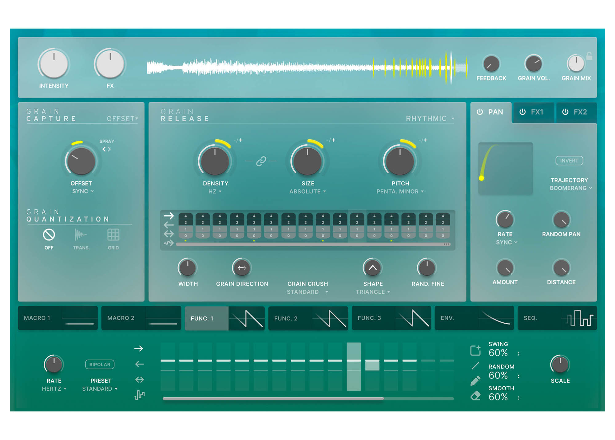 Efx FRAGMENTSのRhythmicモードの画面。16ステップの並びとSEQ(シーケンサー)、PITCHはPENTA. MINOR(Arturia公式の製品画像)