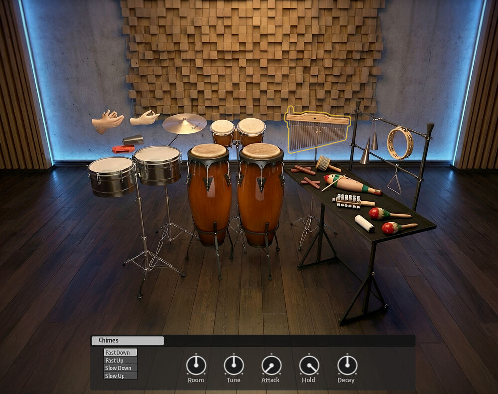 Groove Agent 6のパーカッションの画面。コンガ・ティンバレス・マラカス・チャイムなどが並ぶ（Steinberg公式サイトの画像より）