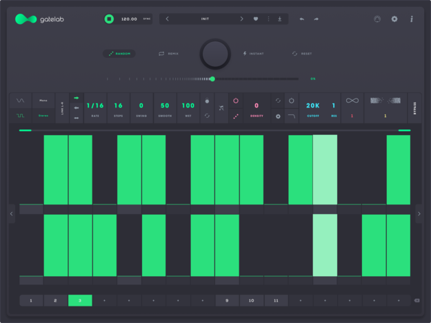 Gatelabの画面。緑のステップで音を切るゲートのパターンを作る(Plugin Boutiqueの製品画像)