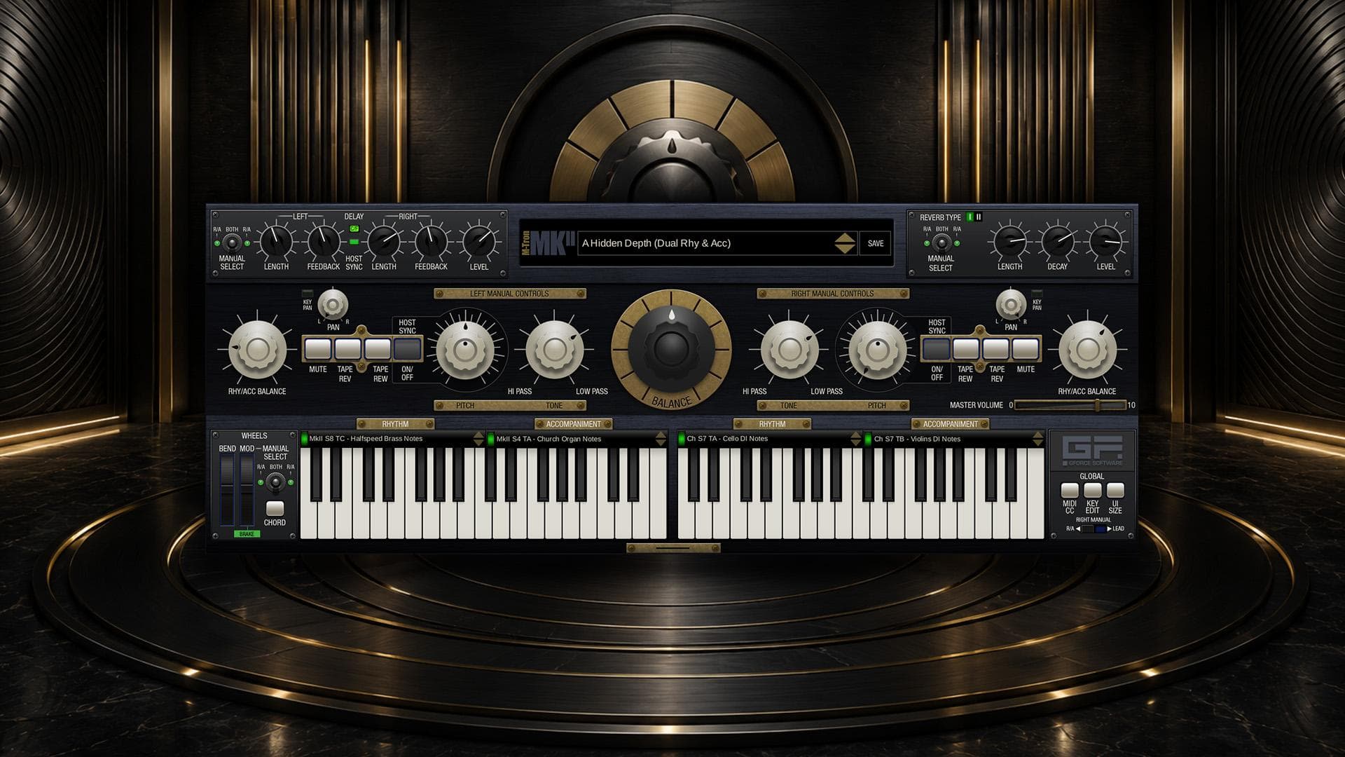 M-Tron Mk II のDual Rhythm & Accompanimentのプリセット。左右の鍵盤それぞれにRHYTHMとACCOMPANIMENT（GForce公式の製品画像）