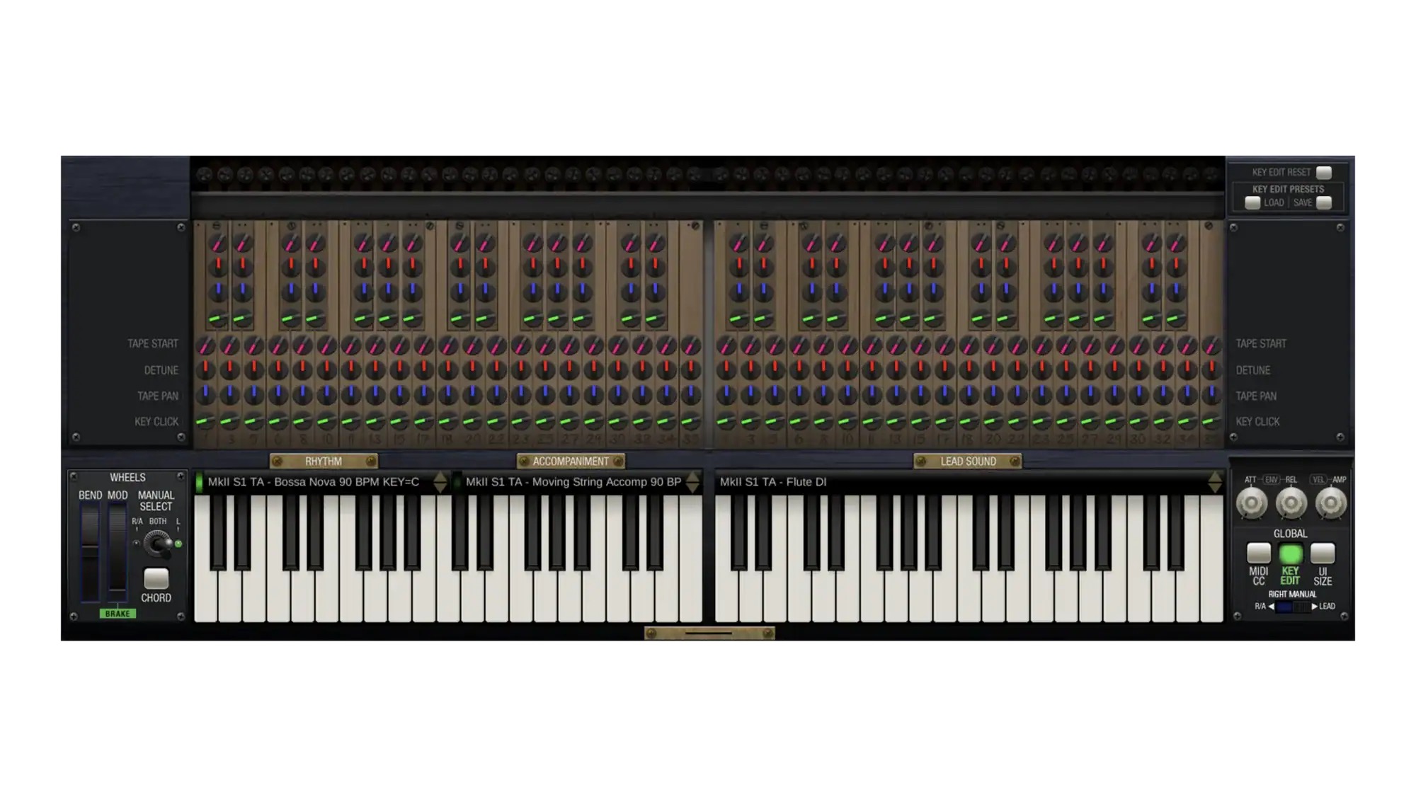 M-Tron Mk II のKEY EDITの画面。鍵盤1つずつにTAPE START・DETUNE・TAPE PAN・KEY CLICKのつまみ（GForce公式の製品画像）