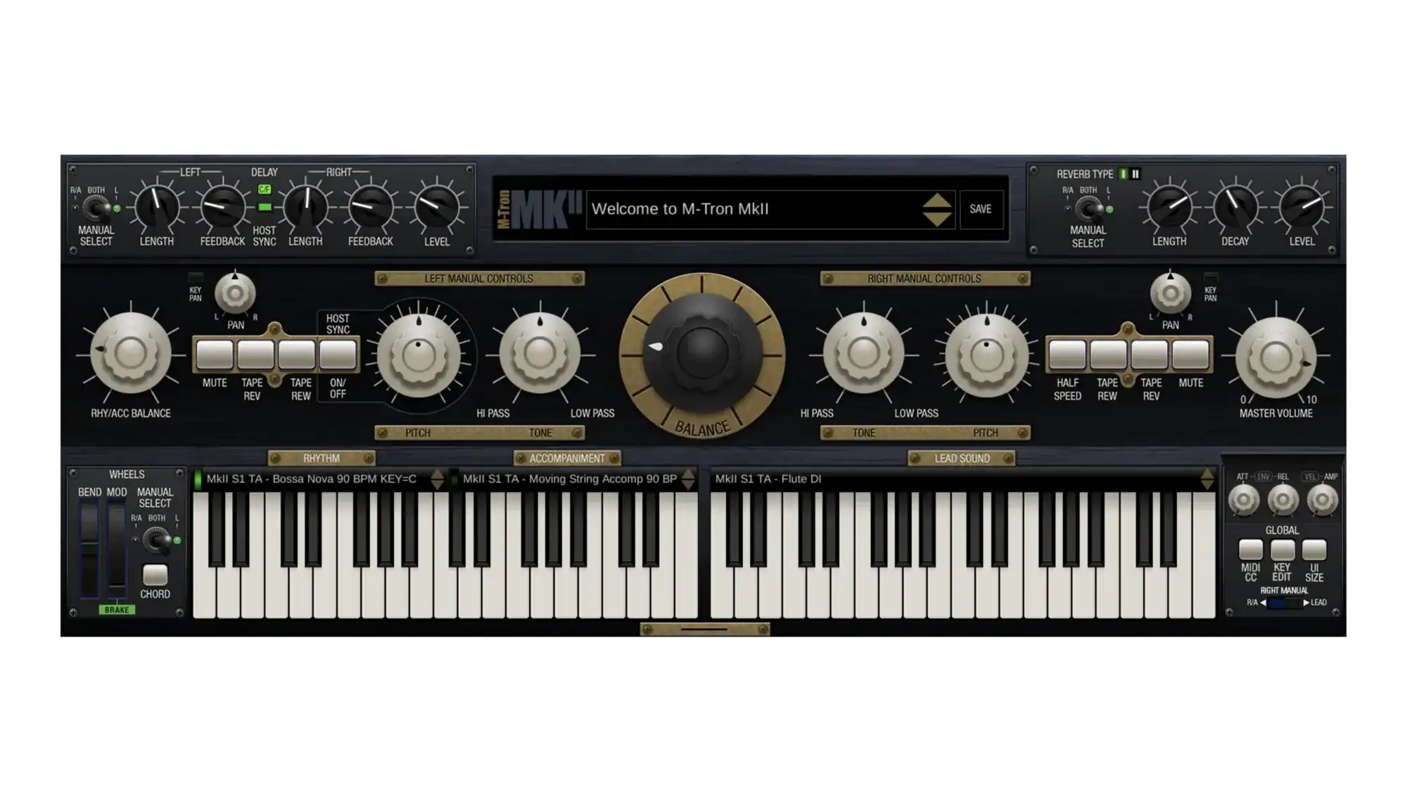 GForce M-Tron Mk II の画面。左の鍵盤にRHYTHMとACCOMPANIMENT、右の鍵盤にLEAD SOUND、上にDELAYとREVERB（GForce公式の製品画像）