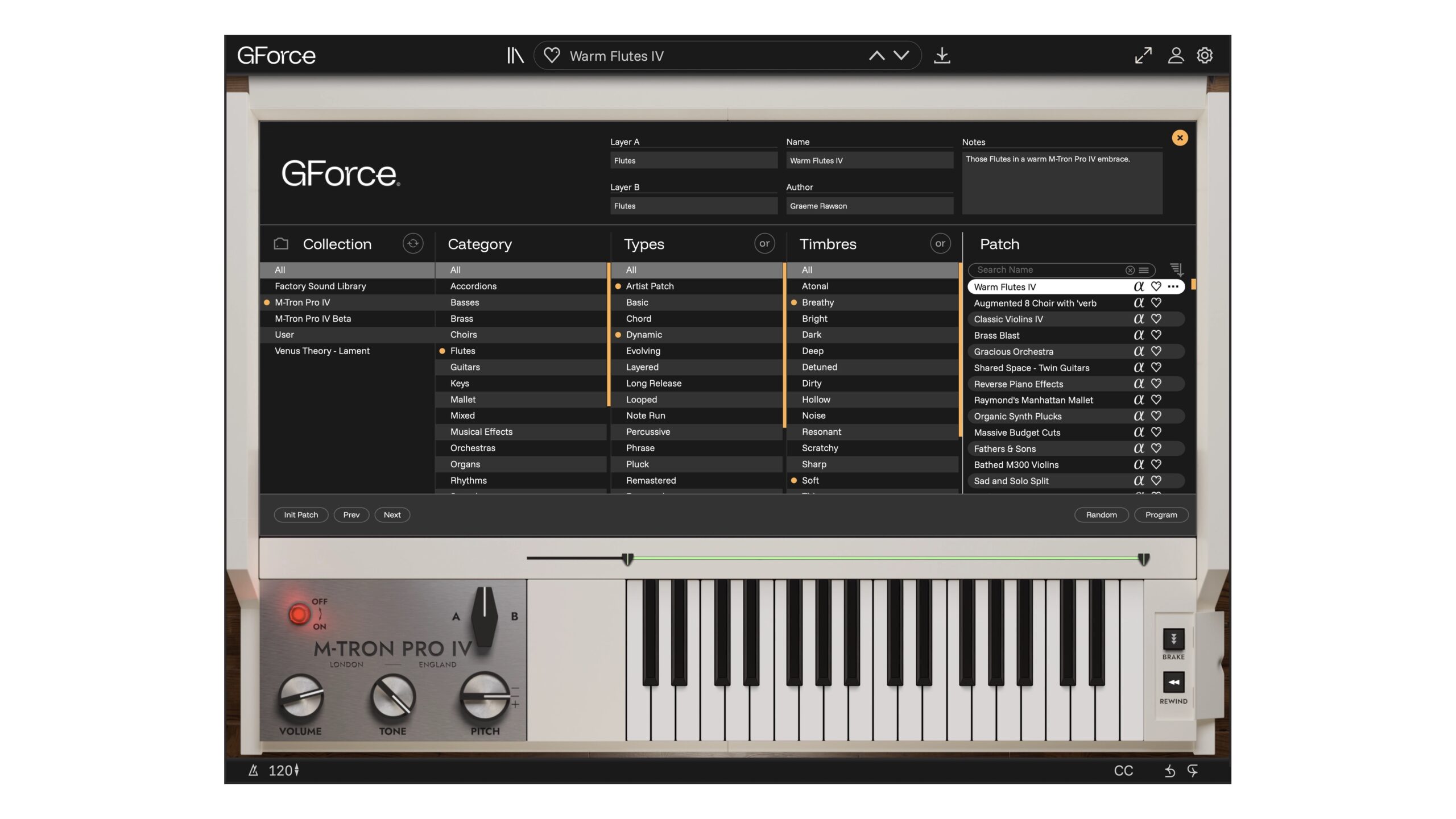 M-Tron Pro IV の音色のブラウザ。Collection・Category・Types・Timbresで絞り込み、右にパッチの一覧（GForce公式の製品画像）