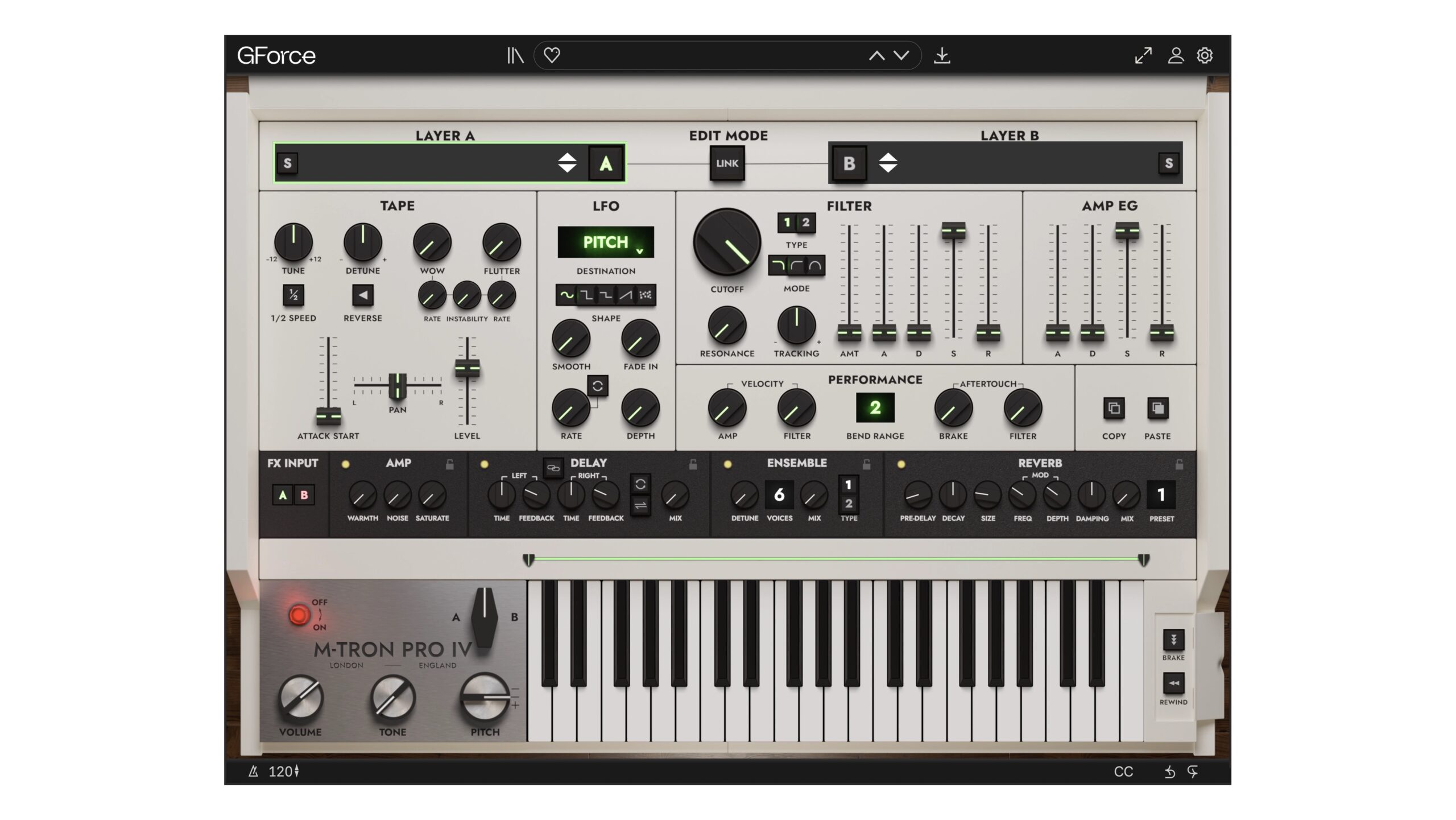 GForce M-Tron Pro IV の画面。上にLAYER AとLAYER B、TAPE・LFO・FILTER・AMP EG、下にエフェクトの列と鍵盤（GForce公式の製品画像）