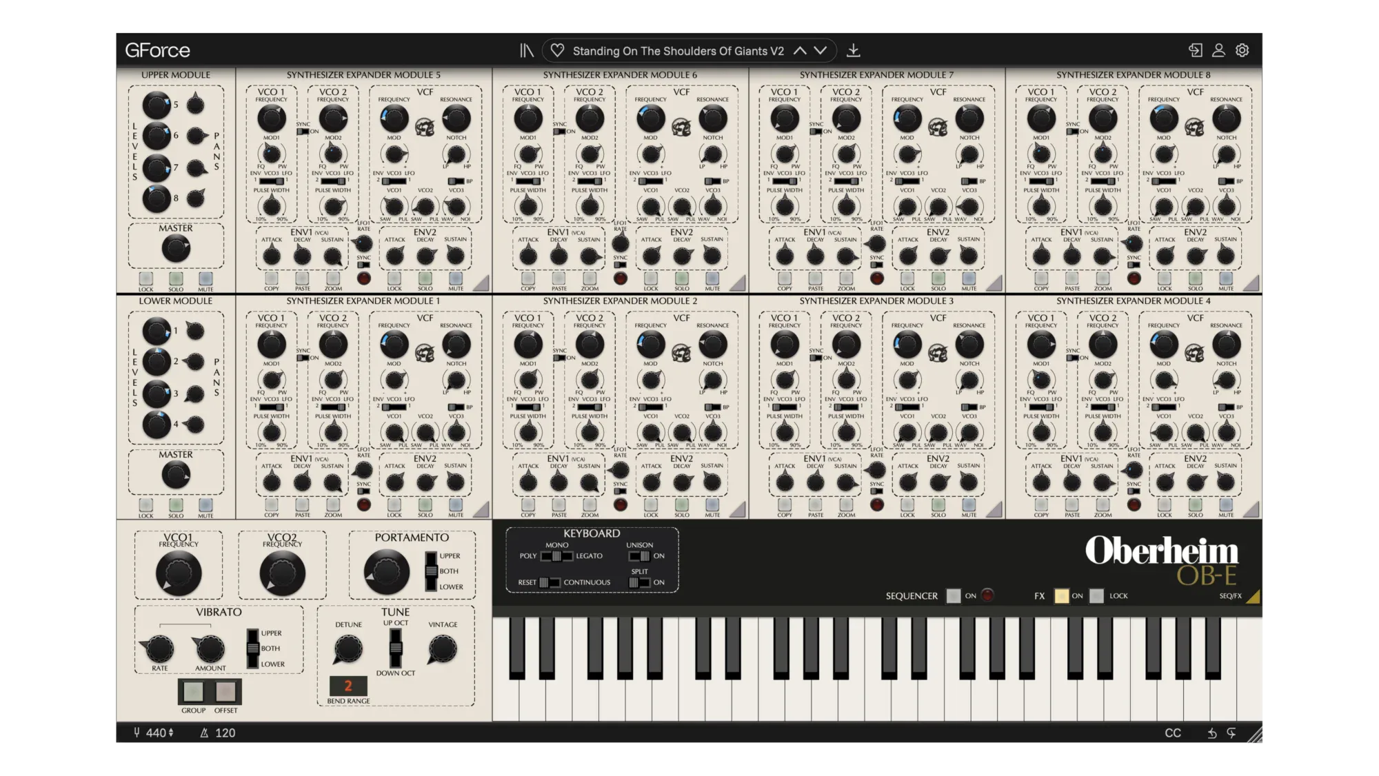 GForce Oberheim OB-Eの画面。SYNTHESIZER EXPANDER MODULE 1〜8が上下2段に並び、下に鍵盤(GForce公式の製品画像)