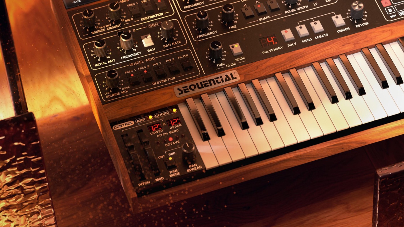 GForce Prophet~5 の画面。木の側板とSEQUENTIALのロゴ、左下にピッチベンドとモジュレーションのホイール（GForce公式の製品画像）