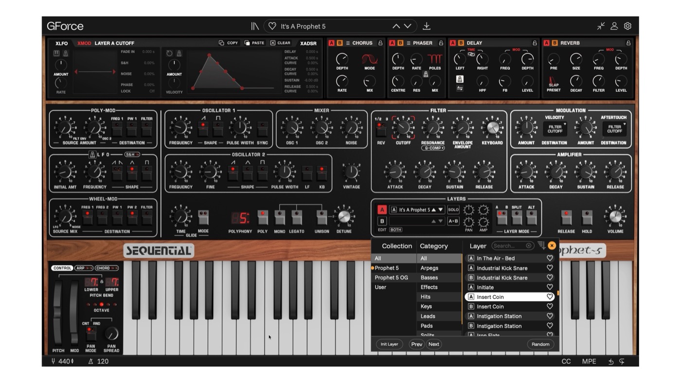 Prophet~5 の画面の上に音色のブラウザを開いたところ。上の段にX-ModifiersとChorus・Phaser・Delay・Reverb（GForce公式の製品画像）