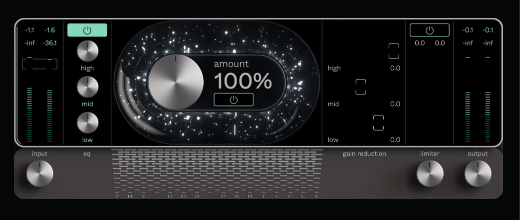 The God Particleの画面。中央のamountのつまみ、eqのhigh・mid・low、gain reduction、limiter（Cradle公式サイト）