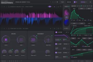 Baby Audio Grainferno の画面（Plugin Boutique の商品画像）。上に2つのサンプルの波形とMORPH、下にGRAINS（RATE・SIZE）とMOVEMENT（SCAN・SCATTER）のつまみ、右にマクロ・エンベロープ・LFOが並ぶ
