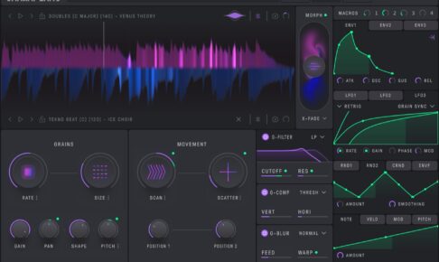 Baby Audio Grainferno の画面（Plugin Boutique の商品画像）。上に2つのサンプルの波形とMORPH、下にGRAINS（RATE・SIZE）とMOVEMENT（SCAN・SCATTER）のつまみ、右にマクロ・エンベロープ・LFOが並ぶ