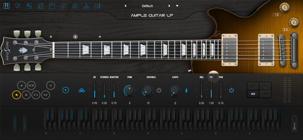Ample Guitar LPのメイン画面。レスポールの指板とつまみ（Plugin Boutiqueの製品画像）