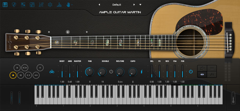 Ample Guitar Martinのメイン画面。アコースティックギターのサウンドホールと指板（Plugin Boutiqueの製品画像）