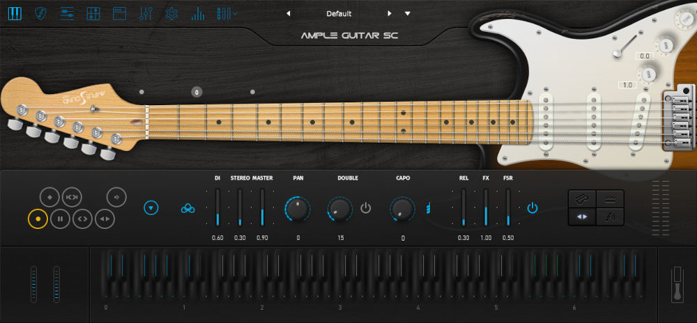 Ample Guitar SCのメイン画面。白いピックガードのストラトキャスターの指板とつまみ（Plugin Boutiqueの製品画像）
