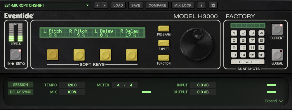 Eventide H3000 Factory Mk II の画面。上段にMODEL H3000の表示とSOFT KEYS、右にスナップショットのボタン（Plugin Boutiqueの製品画像）