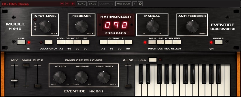 H910 Harmonizer のプリセット「Pitch Chorus」。PITCH RATIO が 0.98 で、音程をほんの少しだけ下げている（Plugin Boutique の製品画像）