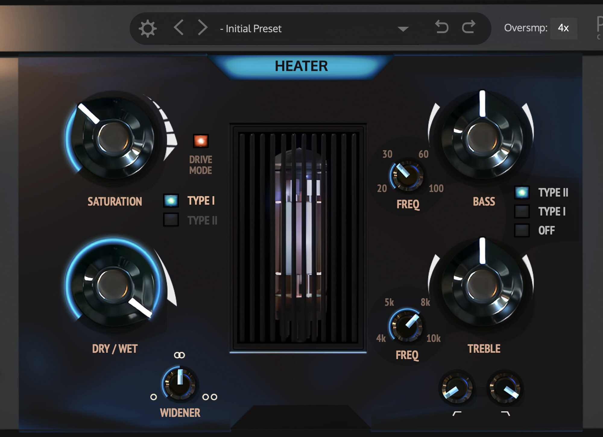 Heater v2のGUI画面。SATURATIONとDRY/WETノブ、BASS/TREBLEのEQ、WIDENERが並ぶ