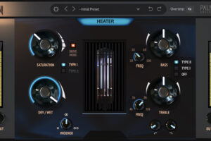 Heater v2のGUI画面。SATURATIONとDRY/WETノブ、BASS/TREBLEのEQ、WIDENERが並ぶ