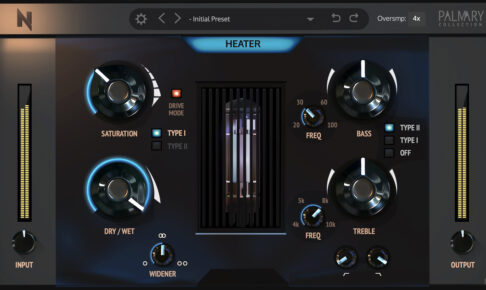 Heater v2のGUI画面。SATURATIONとDRY/WETノブ、BASS/TREBLEのEQ、WIDENERが並ぶ
