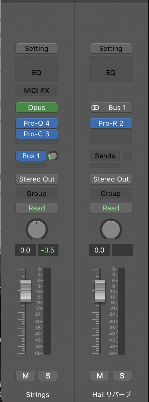 Logic Proのミキサー。StringsのトラックからBus 1へセンドし、「Hallリバーブ」のAuxトラックにFabFilter Pro-R 2を挿している