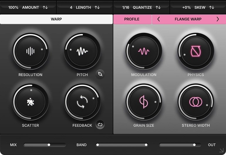 HyperWarpの下半分。RESOLUTION・PITCH・SCATTER・FEEDBACKのつまみと、プロファイルごとのマクロ4つ（FLANGE WARPではMODULATION・PHYSICS・GRAIN SIZE・STEREO WIDTH）
