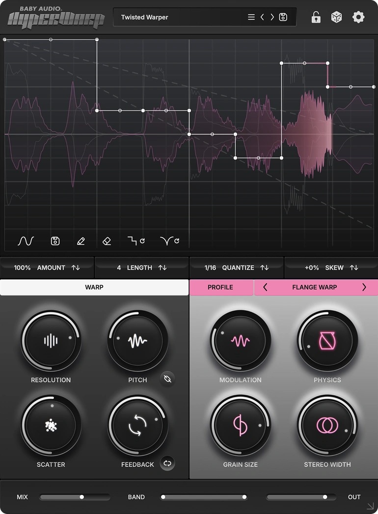 Baby Audio HyperWarpの画面。上に速さと向きを描くグラフと波形、下にWARPのつまみ4つと、プロファイル（FLANGE WARP）のつまみ4つ（Plugin Boutiqueの製品画像）