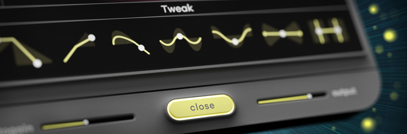 IHNY-2 の Tweak パネルの拡大。音の形を表すアイコンが7つ並び、下に close ボタンと output のスライダー（Plugin Boutique の製品画像）