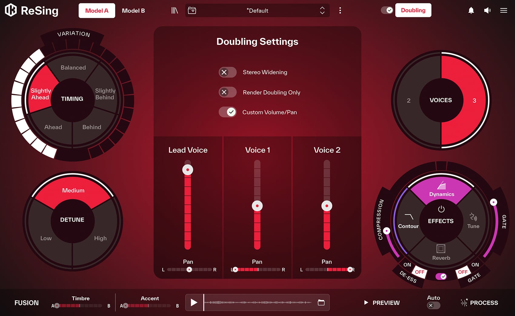 ReSingのDoubling Settings。1本の歌から重ね録りのような声を作り、音量と定位を声ごとに決められる(IK Multimedia公式)