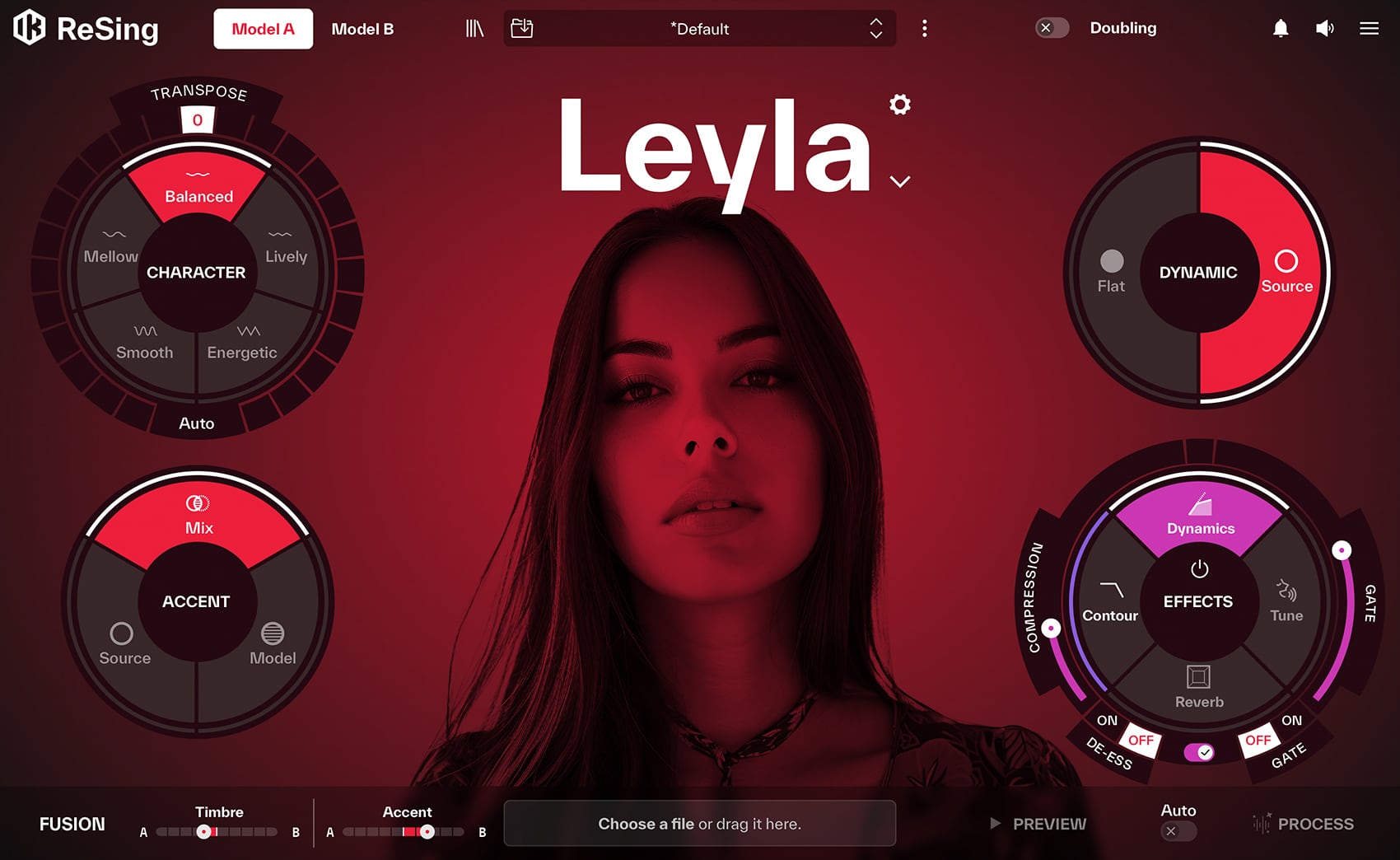 ReSingのメイン画面。歌声モデルを選び、CHARACTERやACCENT、DYNAMIC、EFFECTSのダイヤルで歌い方を整える(IK Multimedia公式)