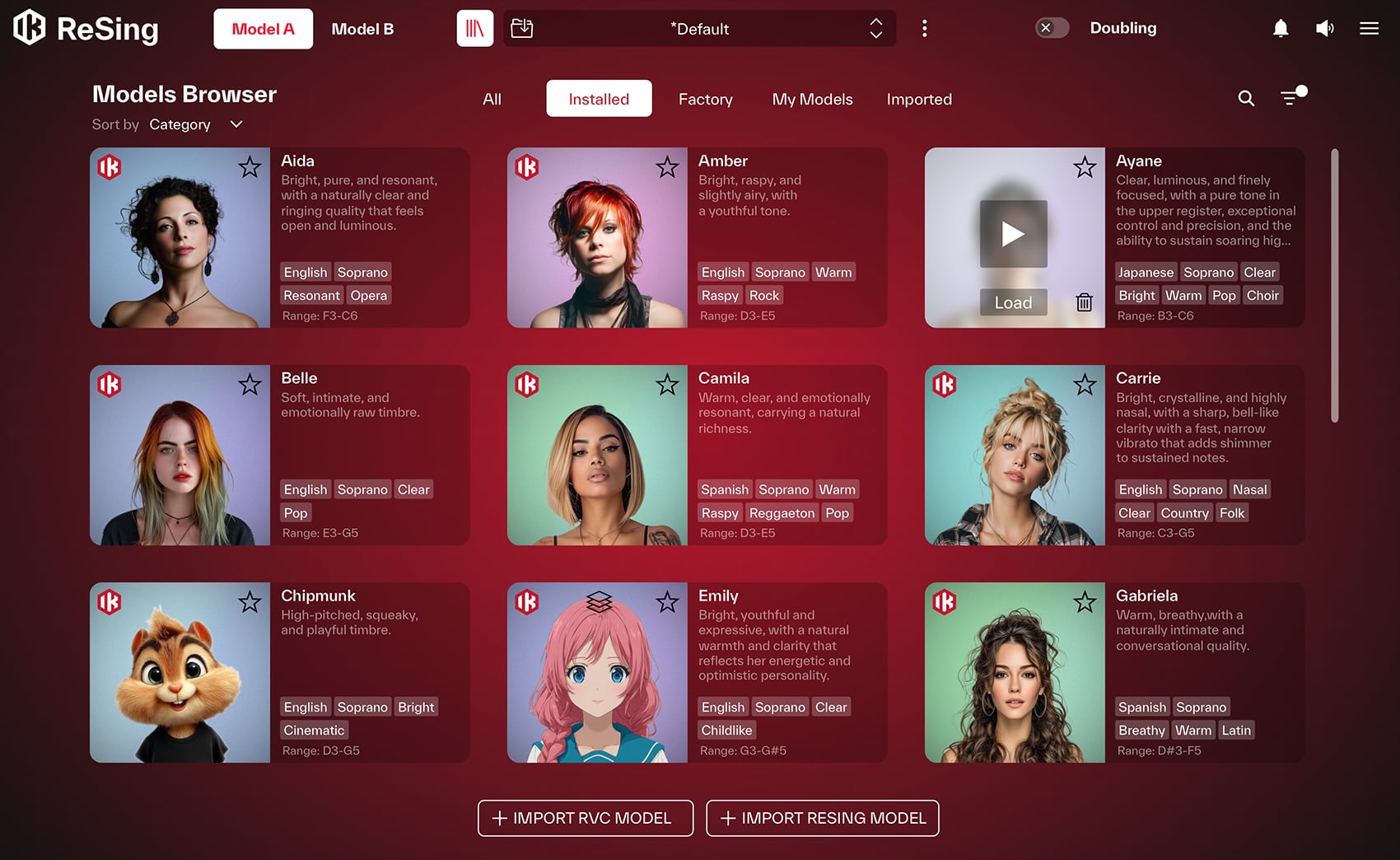 ReSingのModels Browser。歌声モデルごとに声の特徴・言語・音域が書かれている(IK Multimedia公式)