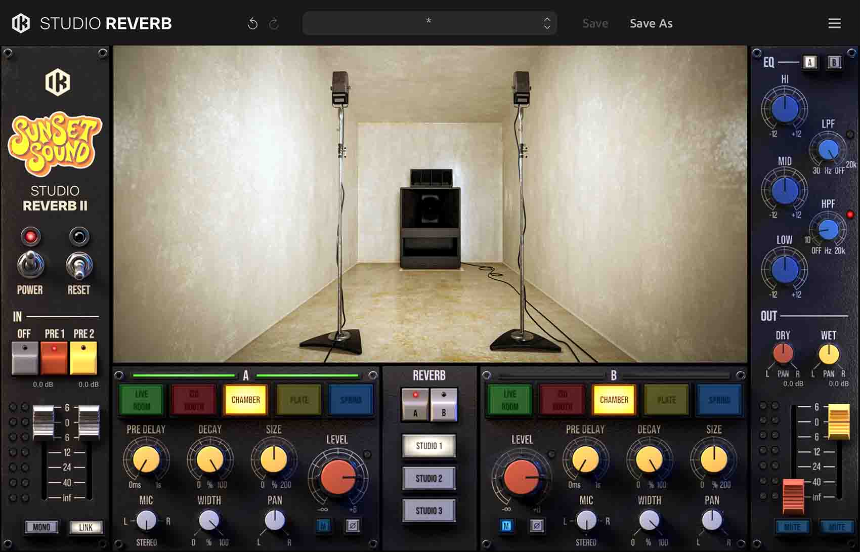 Sunset Sound Studio Reverb IIでCHAMBERを選んだ画面。エコーチェンバーの中の写真が出る（IK Multimedia公式）