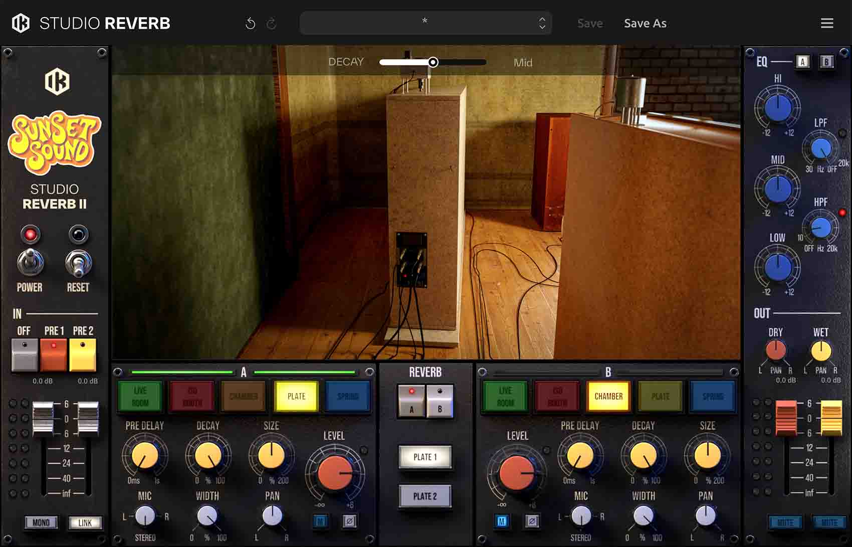Sunset Sound Studio Reverb IIでPLATEを選んだ画面。プレートリバーブの写真が出る（IK Multimedia公式）