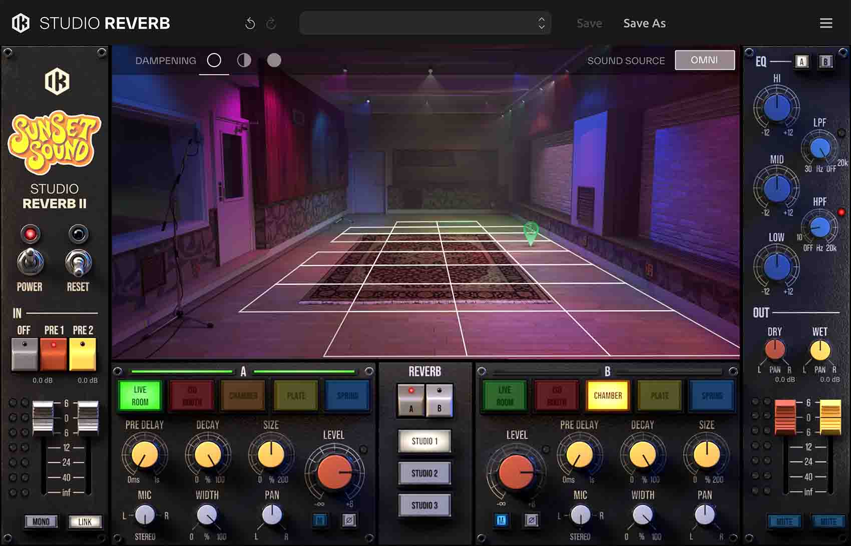 Sunset Sound Studio Reverb IIのStudio 1のライブルーム。床のマス目で音を鳴らす位置を選び、下のA・Bの2つのリバーブを並べて使う（IK Multimedia公式）