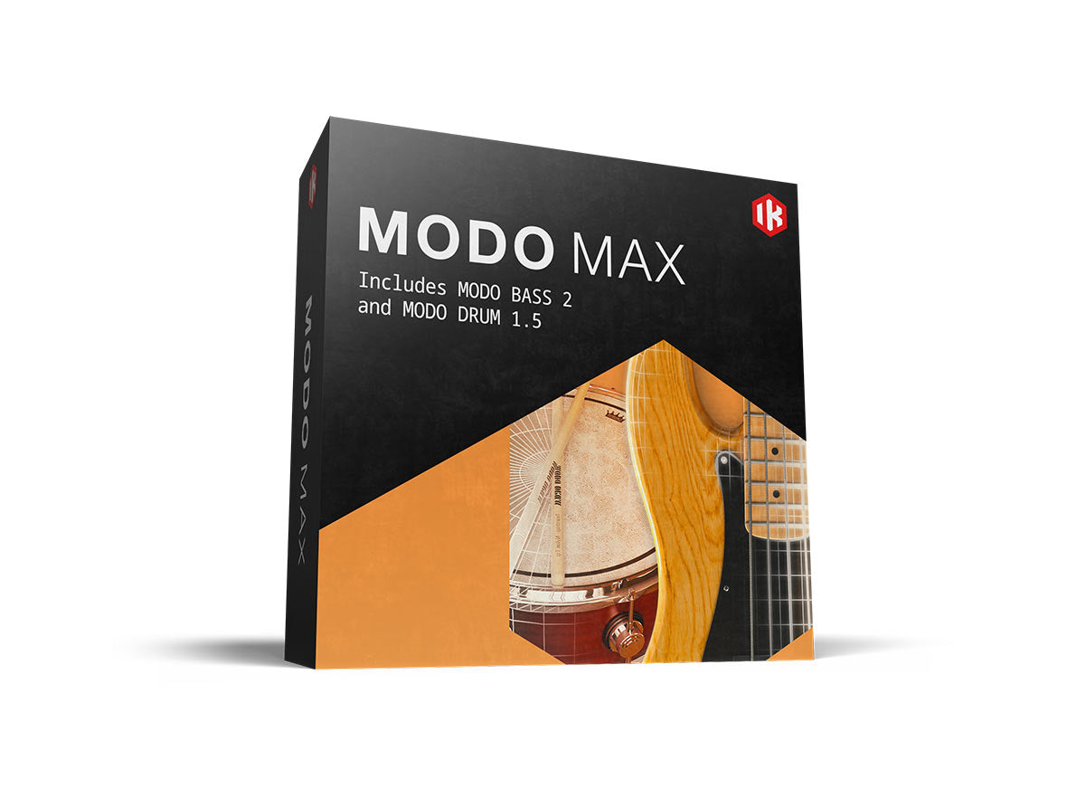 MODO MAXのパッケージ。MODO BASS 2とMODO DRUM 1.5のセット（IK Multimedia公式）