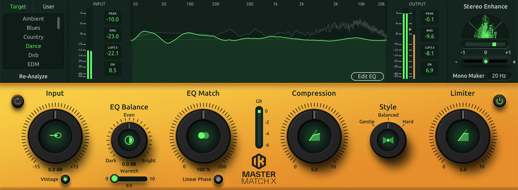 T-RackS 6 の Master Match X。ジャンルのリファレンスを選ぶと、EQ・コンプ・リミッターを自動で合わせる(IK Multimedia 公式の画像)