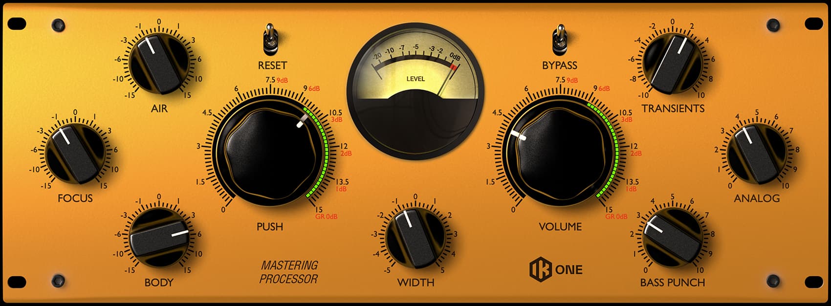 T-RackS 6 に入っているマスタリング用の One。PUSH・VOLUME・AIR・BODY・BASS PUNCH などのつまみが並ぶ(IK Multimedia 公式の画像)