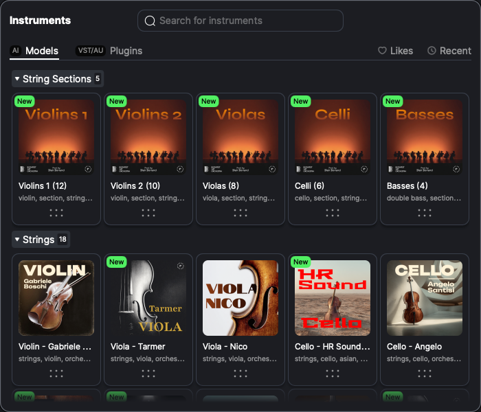 ACE Studio 2.0のInstrument Library。AI Modelsのタブに、Violins 1・Violins 2・Violas・Celli・Bassesのストリングスセクションと、ソロの弦楽器が並ぶ（ACE Studio公式ドキュメントより）