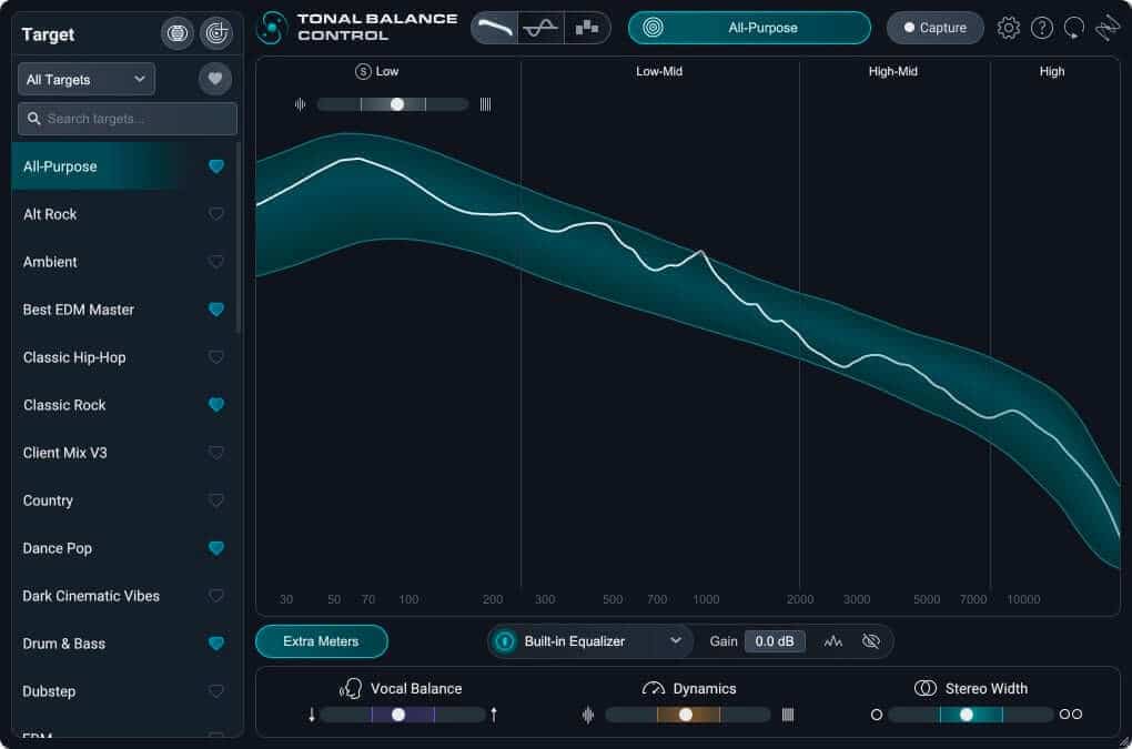 Tonal Balance Control 3 の画面。左にジャンル別の目安(Target)の一覧、中央に目安の帯と自分の曲の線、下に Vocal Balance・Dynamics・Stereo Width のメーター(iZotope 公式ブログの画像)