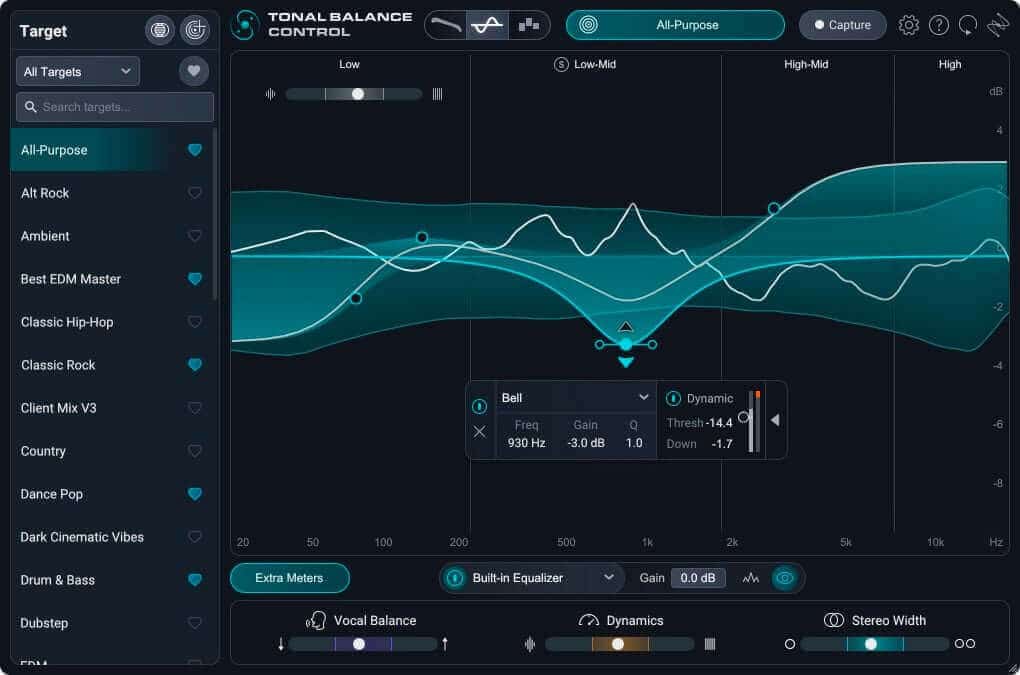 Tonal Balance Control 3 の Leveled View と内蔵の EQ。目安からのずれが平らな線を基準に表示され、その場で EQ のノードを置ける(iZotope 公式ブログの画像)