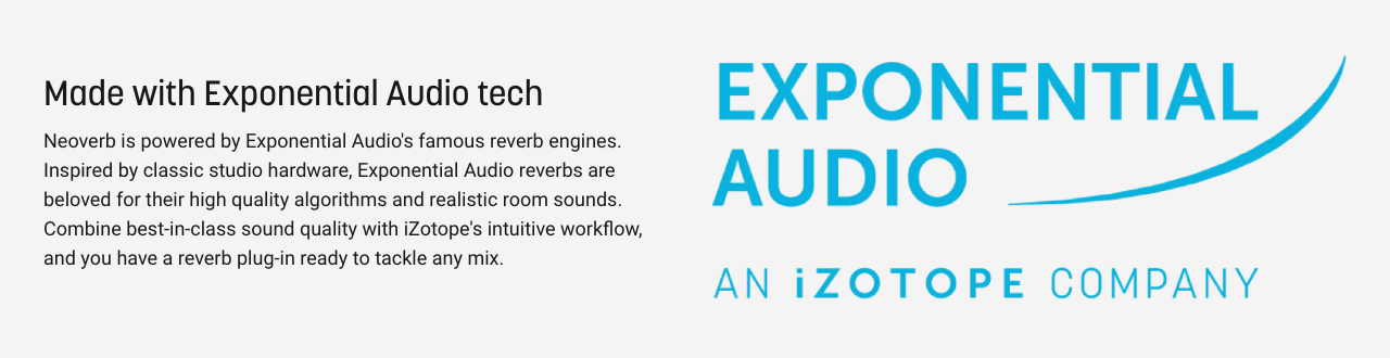 iZotope公式のNeoverbのページ。Exponential Audioのリバーブの技術で作られていると書かれている