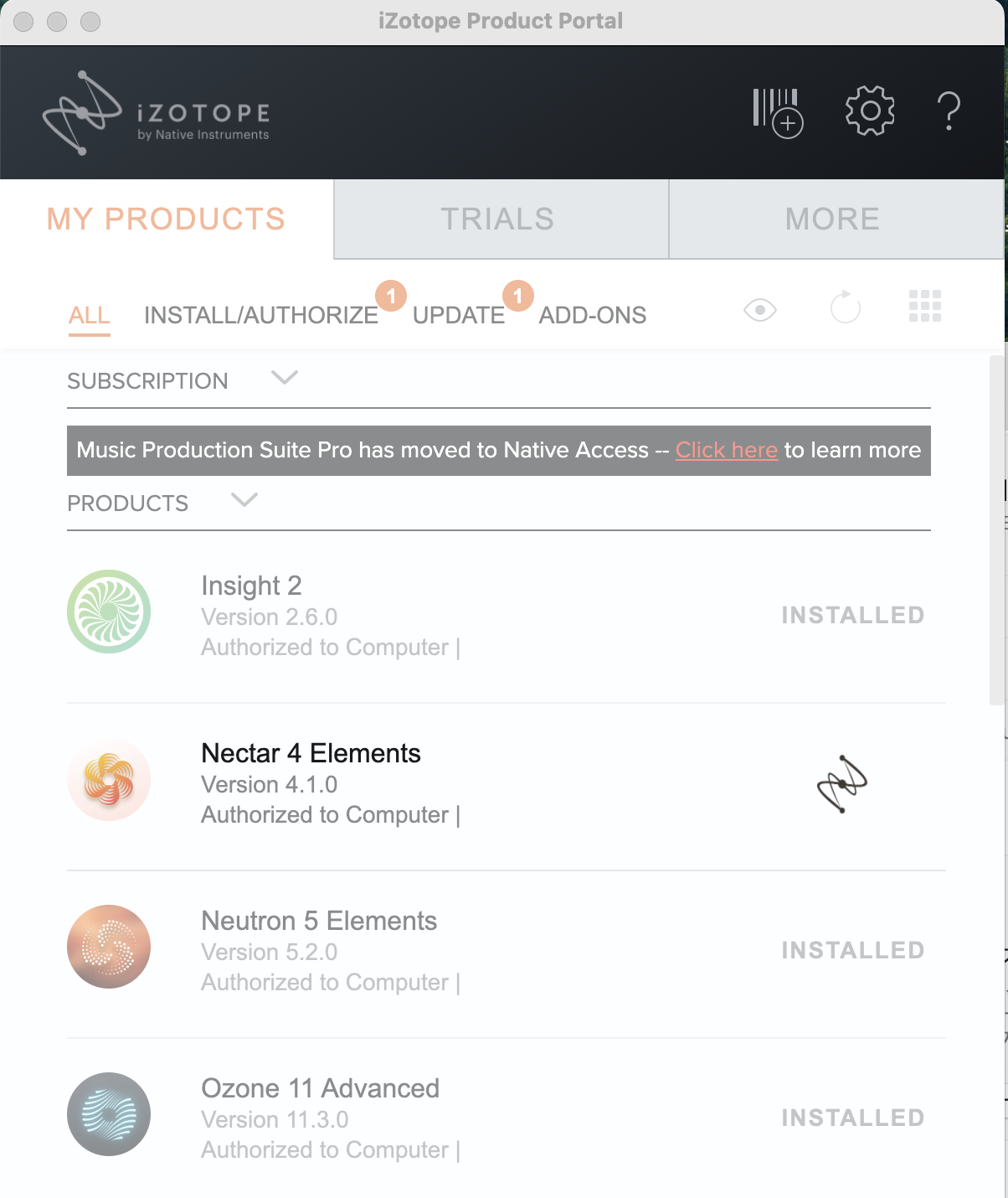 iZotope Product Portal の MY PRODUCTS。Insight 2・Nectar 4 Elements・Neutron 5 Elements・Ozone 11 Advanced が並び、上に「Music Production Suite Pro has moved to Native Access」の帯が出ている